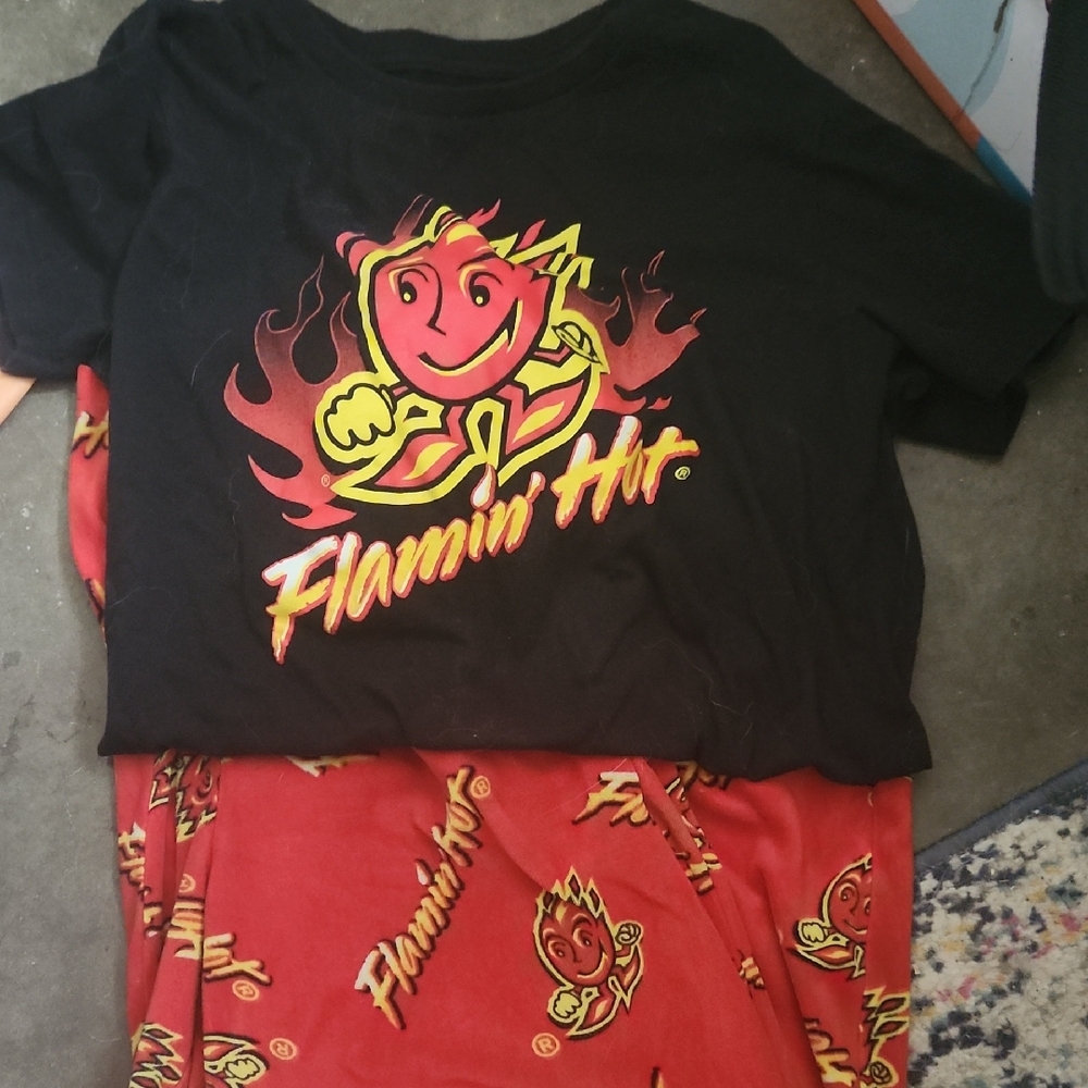 mens size small flamin hot cheetos pj set